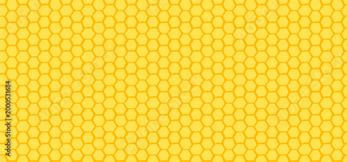 Yellow honeycomb seamless pattern. Hexagonal honey bee cell texture. Horizontal golden geometric background with hand drawn wax grid.