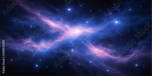 Deep blue nebula clouds glow within an abstract starry space background featuring a bright fantasy galaxy and celestial light across the dark outer cosmos