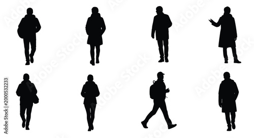 Eight diverse silhouette figures walking and standing against a white background