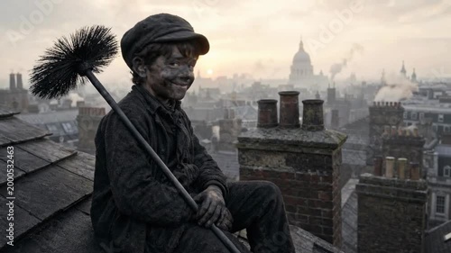 Smiling young chimney sweep covered in soot, holding a brush on a historical city rooftop with a distant cityscape at dawn.