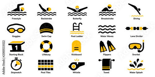 Black and yellow swimming icon set with water sport, pool and diving activity symbols, aquatic sport, training and leisure