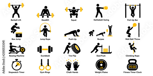 Black and yellow crossfit icon set with workout, strength training and fitness exercise symbols, Concept of functional training, endurance and athletic performance