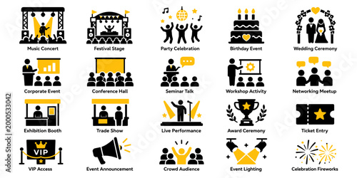 Black and yellow events and activities icon set with celebration, gathering and entertainment symbols, Concept of social events, organization and leisure activities
