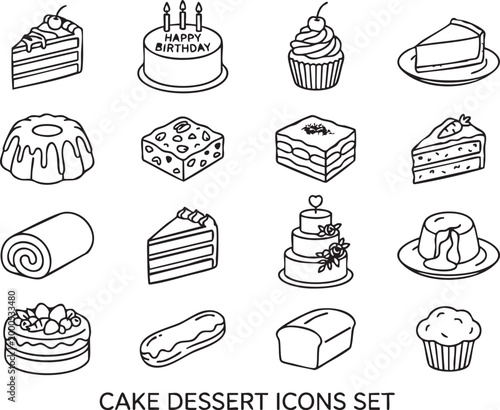 Cake Dessert Icons Set, Sweet Bakery Treats, Pastry and Confectionery Graphics, EPS Vector Collection