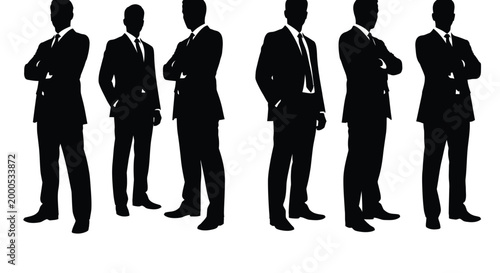Six distinct silhouettes of professional businessmen standing confidently in their formal suits ready for corporate success.