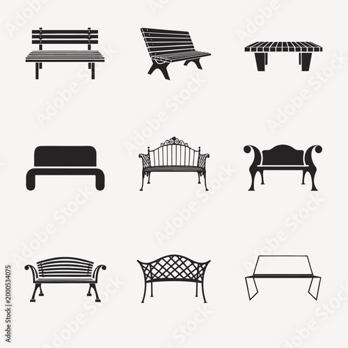 Nine different bench designs black silhouette vector urban park furniture