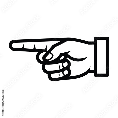 Black and white hand pointing left with index finger extended simple illustration
