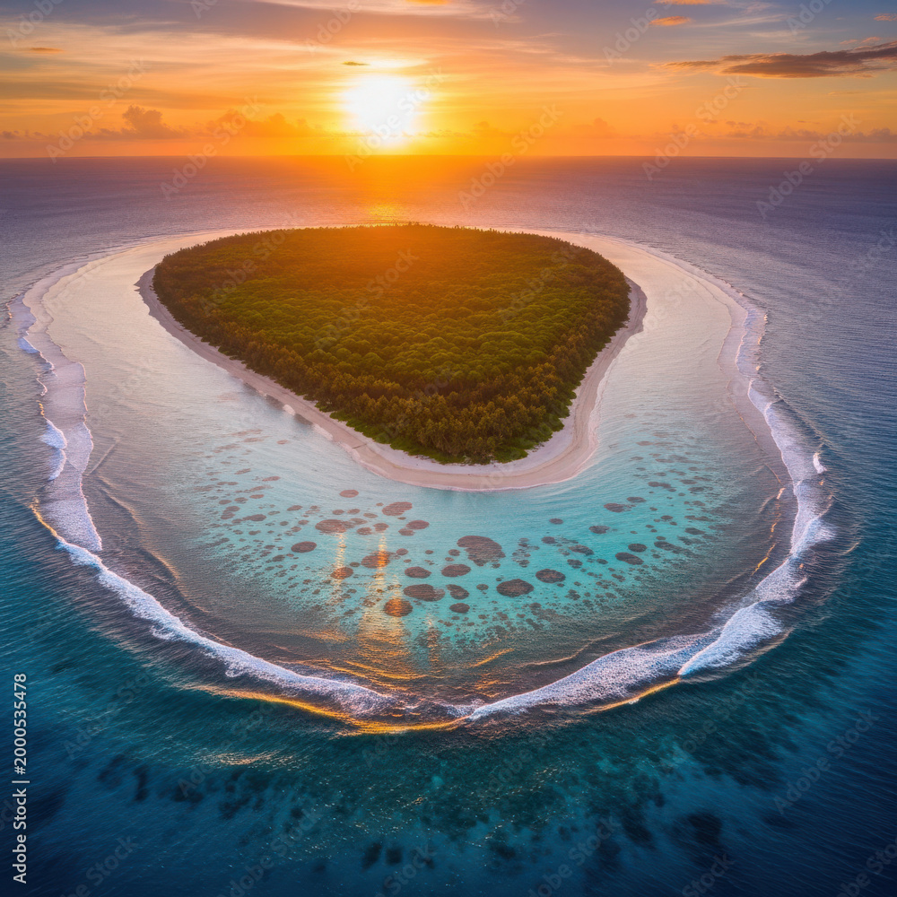 Obraz premium Heart-shaped island paradise at sunset with geology of earth tropical paradise landscape