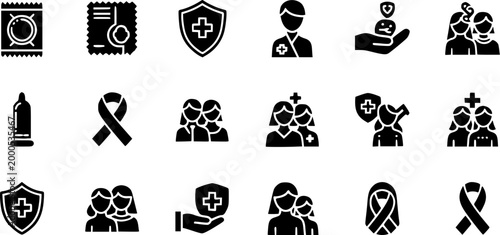 Sexual health awareness icons featuring condom protection, medical shields, support ribbons, and female healthcare silhouettes.