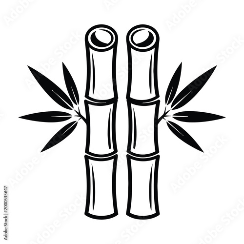 Bamboo stalks with leaves isolated on white background black and white illustration