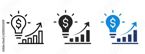 Business Growth Icon Set With Rising Chart Arrow And Dollar Idea Concept In Line Solid And Blue Flat Styles