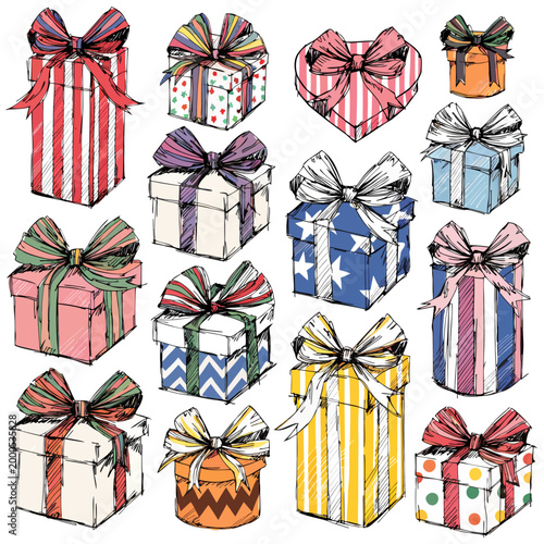 Hand drawn gift boxes with ribbons and bows vector festive celebration illustration