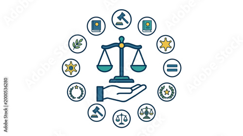 Scale of Justice on Hand Surrounded by Law and Legal System Icons