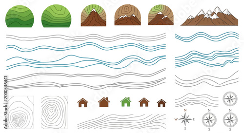 Collection of geography icons and symbols.