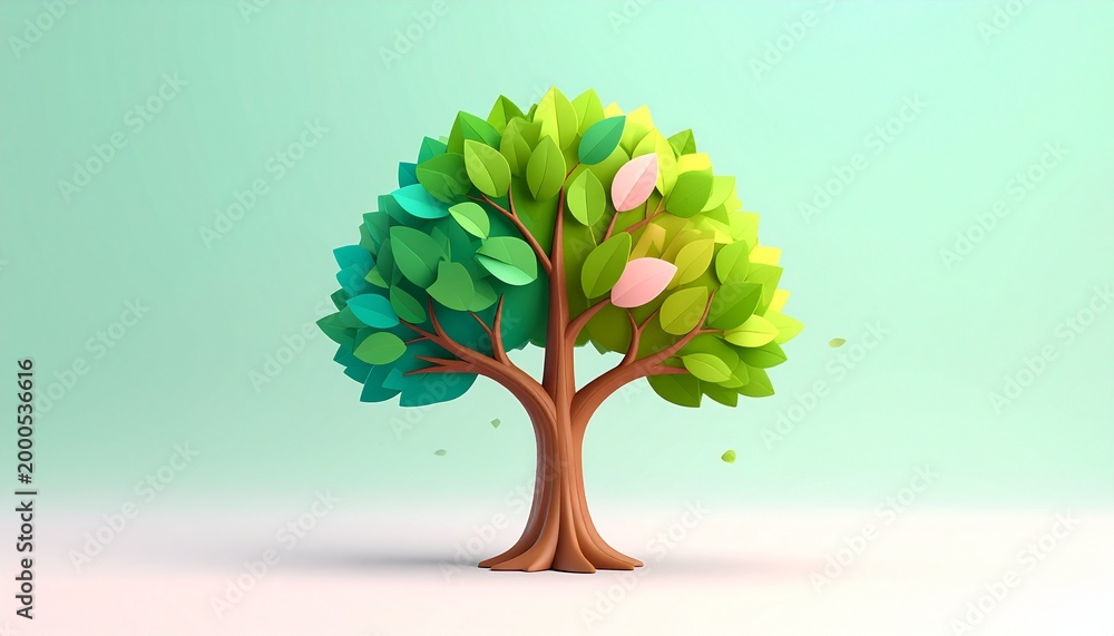 3d vector gradient tree with smooth trunk on soft pastel background