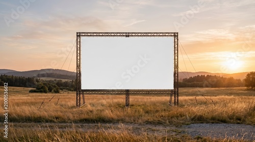 Empty outdoor billboard against sunset in rural field  