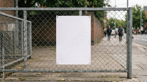 Empty advertisement board on fence beside street in urban setting  
