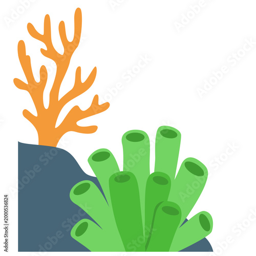 Orange branching coral and green tube coral, mixed reef elements, underwater scene, vector illustration icon.