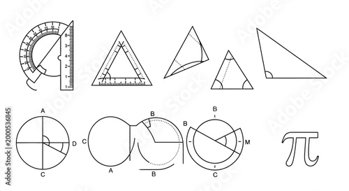 Geometric shapes and math symbols.