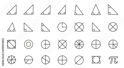 Geometric shapes and mathematical symbols.