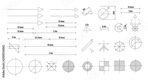 Geometric shapes and technical drawings.
