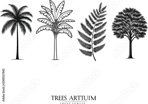 Create a realistic kinds of deferent Minimal style cad tree line drawing, Side view, set of graphics trees elements outline symbol for architecture and landscape design drawing. Tropical, vector art.