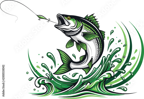 Large mouth bass jumping out of water with green wave splash