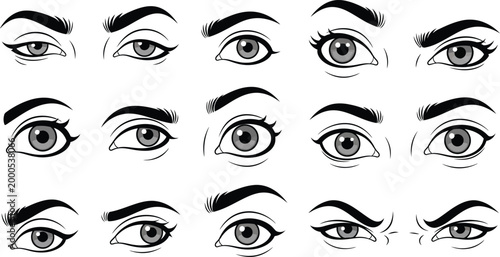 Variety of human eye expressions in black and white illustration