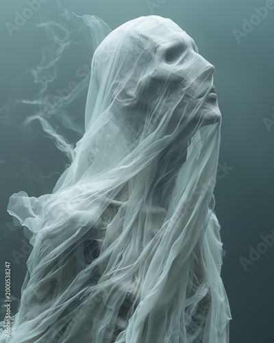Ghostly humanoid figure wrapped in flowing translucent fabric. AI-generated.