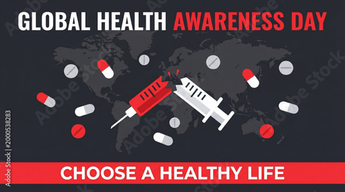 Global health awareness day concept with vaccine syringe and medicine pills over world map promoting healthy lifestyle prevention care and medical campaign banner