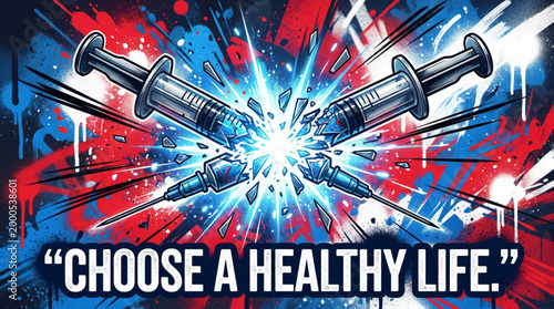 Drug awareness concept with broken syringes and bold message choose a healthy life highlighting prevention recovery support and anti addiction campaign banner design