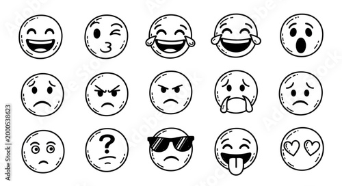 Hand Drawn Emoji Faces Expressing Various Emotions.