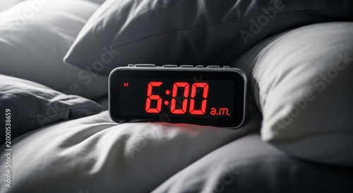 Digital alarm clock shows 6:00 am on messy bed with pillows. Early morning routine and wake up time concept. Electronic timer for starting daily schedule in bedroom interior setting.