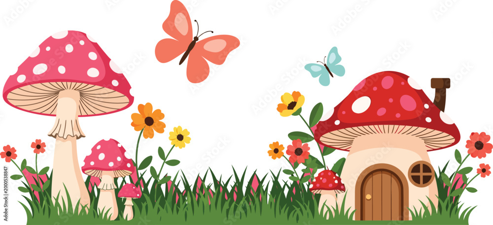 Obraz premium Whimsical illustration of mushroom houses with butterflies and flowers in a lush green meadow with vibrant sunflowers and grass