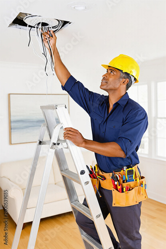Electrician installing light fixture