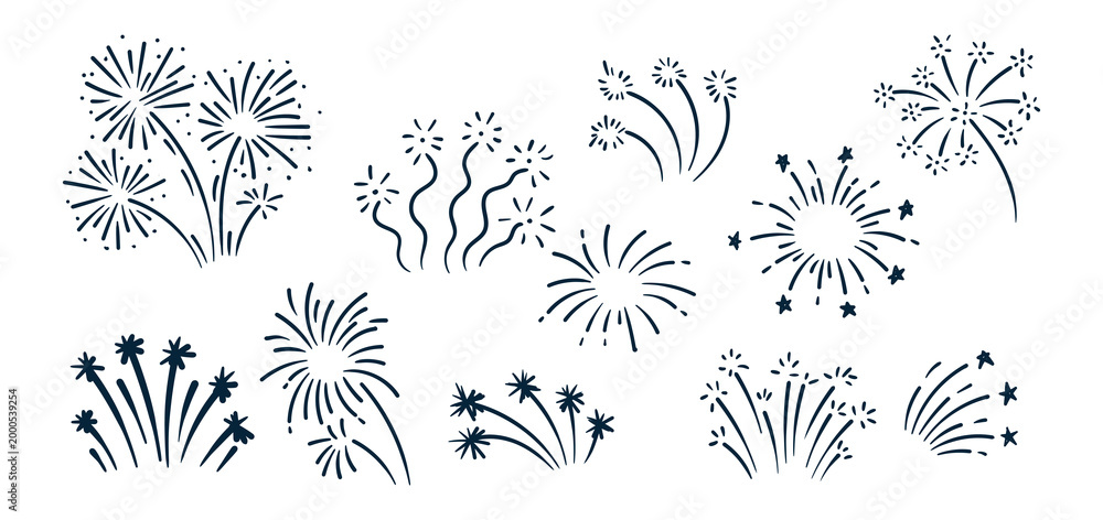 Naklejka premium Firework doodle and festive handdrawn firecracker. Celebration line art sketch icons with confetti, sparkle, magical explosive bursts.