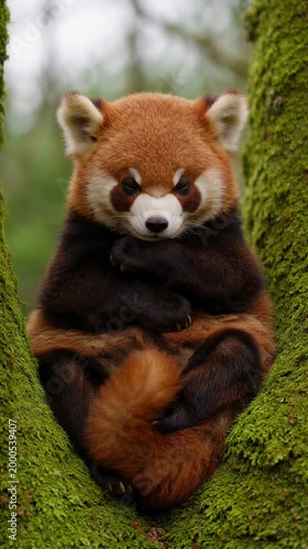 Red panda resting comfortably mossy trees