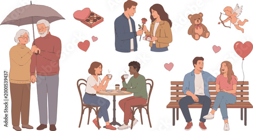 Create a realistic kinds of deferent realistic happy valentines day man and women romance others elements vector art with white background..