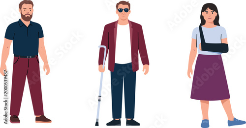 Diverse people with disabilities standing together, inclusive lifestyle illustration, crutches and arm sling, diversity, support, healthcare awareness concept