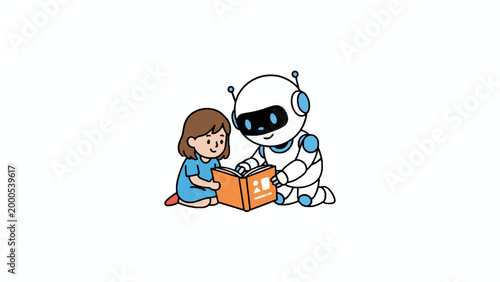 Child and Robot Reading Book Together Illustration