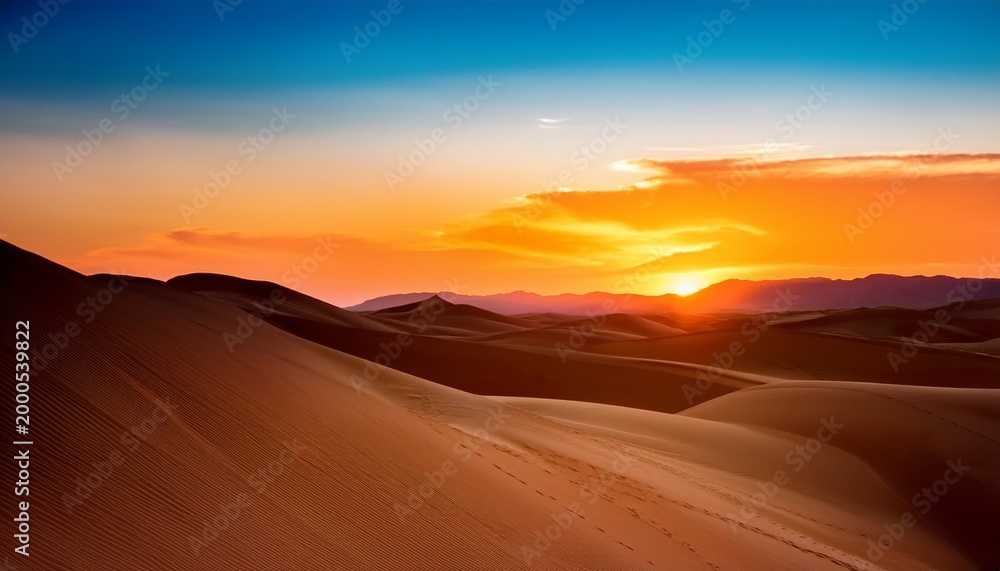 Fototapeta premium Vibrant Desert Sunset With Layered Sand Dunes And Warm Golden Sky Gradient