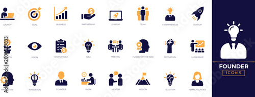 Founder and entrepreneur icon set for community, etirement, strategy, value, vision and more. Perfect solid icon set.