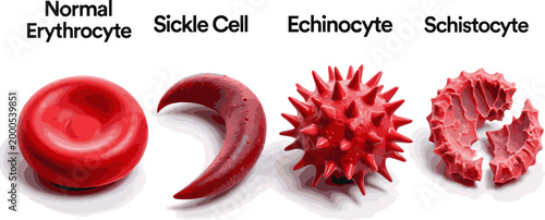 Create a realistic kinds of deferent red blood cells. 3d microscopic red blood cells or erythrocyte vector art with white background.