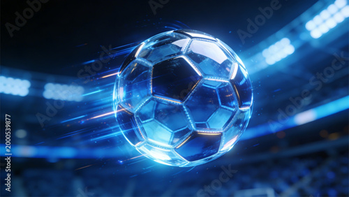 Blue abstract background featuring glowing spheres and a white soccer ball isolated in a circular illustration for sports competition