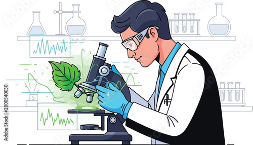 Scientist examining plant leaf under microscope in laboratory setting
