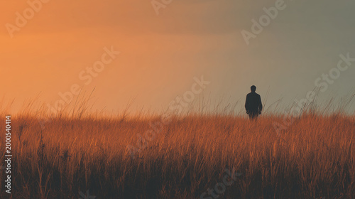 Farmer walking through fields at sunrise inspecting land ,work , growing crops, animal care, hard work, photo style