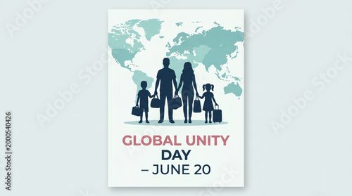 Global unity day concept with family silhouettes holding hands in front of world map representing togetherness migration support and international community awareness banner
