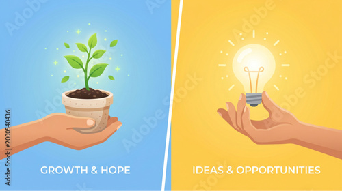 Sustainability growth concept with plant in hand and light bulb idea symbol representing innovation opportunity hope and eco friendly business marketing banner design