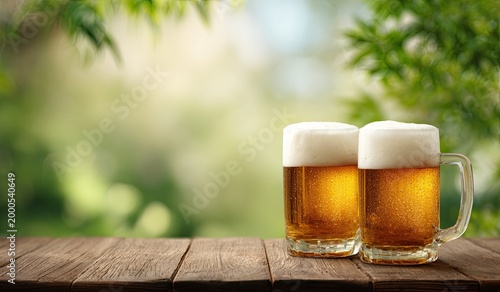 Two mugs of golden beer sit on a rustic wooden table with a blurred green garden background.