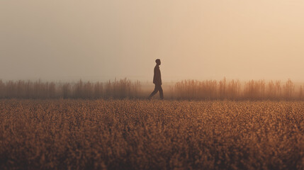 Farmer walking through fields at sunrise inspecting land ,work , growing crops, animal care, hard work, photo style